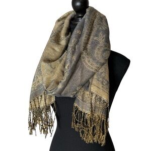 PASHMINA Gold Grey Shimmer Metallic Silk Pashmina Shawl Scarf Paisley Fringe